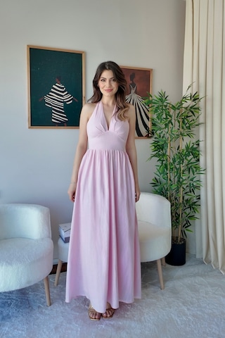 Meecy Kadın Sırt Dekolteli Maxi Elbise Göğüs Drapeli Yazlık Uzun Elbise Pembe Pembe