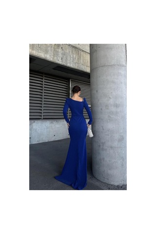 Lior Design Kadın Şık Model Kayık Yaka Taş Detaylı Uzun Kollu Abiye Elbise Saks