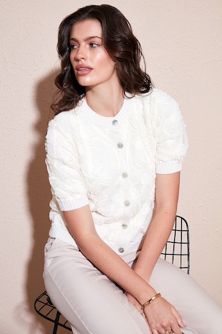 Lela Premium Regular Fit Bisiklet Yaka Tüllü Çiçekli Kısa Kollu Bayan Hırka 680Hi00386 Ekru