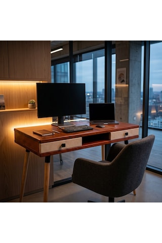 Mobenta Modest Desk: Masif Çalışma & Laptop Masası 2 Çekmece 1 Bölme - 120x60 Bk-bz Bakır-krem
