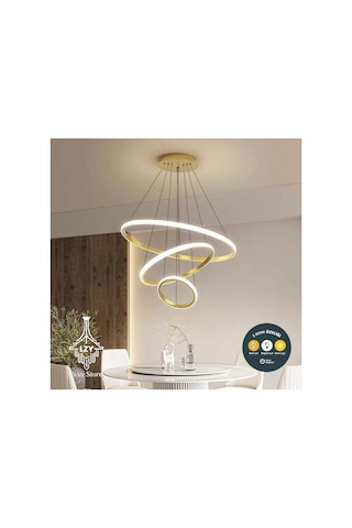 Modern 3 Halkalı Eskitme Led Sarkıt Avize 3 Renkli - Kumandalı & Şekli Ayarlanabilir Altın