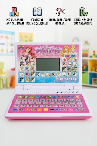 2'si 1 Arada 100 Fonksiyonlu Prenses Tasarımlı Pembe Türkçe Eğitici Oyuncak Laptop