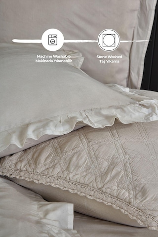 Evlen Home %100 Pamuk Çift Kişilik Özel Taş Yıkama Nevresimli Yatak Örtüsü Seti 7 Parça Yumuşak Barbara Bej