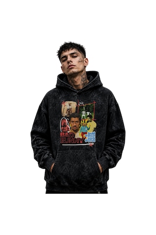 Sevbano Bad Bunny Rapper Şarkıcı Baskılı Unisex Oversize Yıkamalı Hoodie Siyah