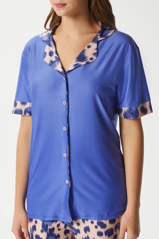 Ritnice Kadın Andra Mavi Leo Desen Ön Düğmeli Kısa Kol Alt Üst Pijama Takımı Mavileopar