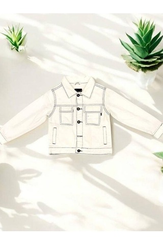 Kız Çocuk Beyaz Cep Detaylı Kot Ceket-15258 Beyaz