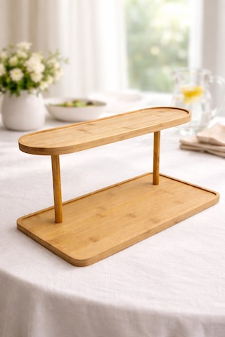 2 Katlı Bambu Sunumluk Standı, Bambu Tabak Seti, Dekoratif Organizer Kahve