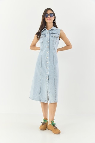 Shade Kadın Belden Oturan Cepleri Kapaklı Sıfır Kollu Düğmeli Denim Elbise 3575 60283288 - Buz Mavisi