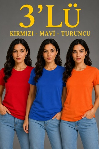 Alfanora Kadın 3 Lü Kısa Kollu Bisiklet Yaka Basic Slim Fit T-shirt - Kırmızı - Mavi - Turuncu Çok Renkli