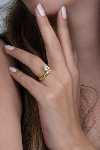 Takı Dükkanı Gold Renk 4mm Gümüş Alyans Ve Gümüş Tektaş Yüzük Seti Wsr120