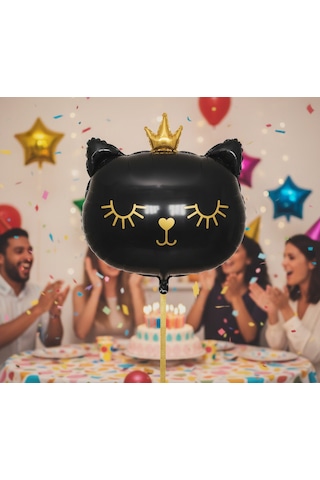 66 Cm Grabo Siyah Kedi Kafası Taçlı Folyo Balon - Doğum Günü Parti Dekorasyon Balonu Çok Renkli