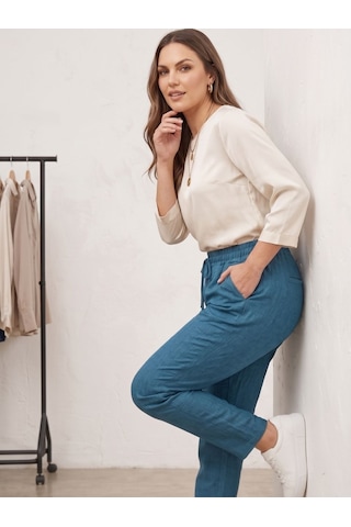 Know Kadın Mavi Keten Karışımlı Beli Lastikli Yazlık Havuç Pantolon