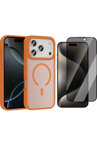 Vendas Apple Uyumlu iPhone 17 Pro Max Kılıf M-safe Şarj Özellikli Mat Arka Yüzey Zore Sio Kapak + Hayalet Ekran Koruyucu Turuncu