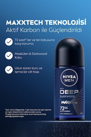 Men Erkek Roll-on Deodorant Deep Dimension Aktif Karbon 50ml, 72 Saat Anti-perspirant Ter Koruması
