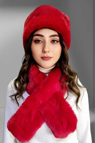 Tezzgelsin Kadın Vegan Kürk Kalpak-atkı Set Kırmızı