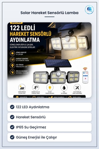 Solar Hareket Sensörlü Dış Mekan Duvar Ve Bahçe Lambası Güneş Ene