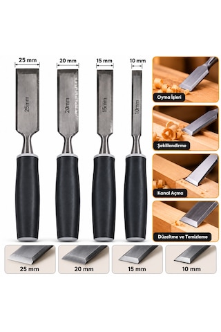 4 Parça Karbon Çelik Ahşap İskarpela Seti 10-15-20-25 Mm Siyah Saplı
