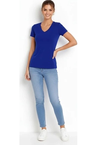 Valensdesign T-shirt V Yaka Slim Fit Likralı Tişört Günlük Basic Body - İndigo