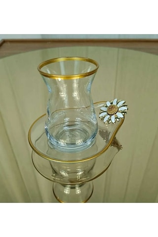 Çnr Home Collection Özel Seri Yaldizli Papatya Detayli 6'lı Çay Seti Gold