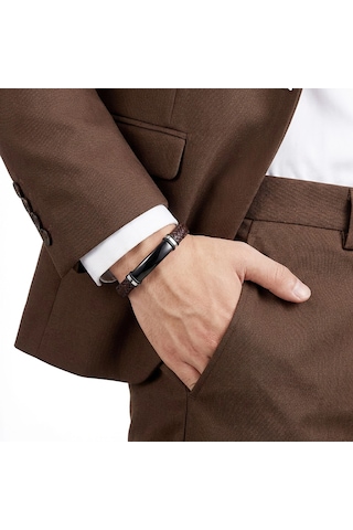 Moncuk Design İsim Yazılabilir Kahverengi Deri Ve Siyah Titanyum Kilit Bileklik 33513b15d11