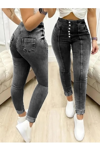 Valensdesign Kadın Yüksek Bel Önden Düğmeli Jean Pantolon Siyah