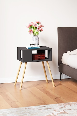 İntergo Ahşap Ayaklı Dekoratif Raflı Komodin Antrasit Gri