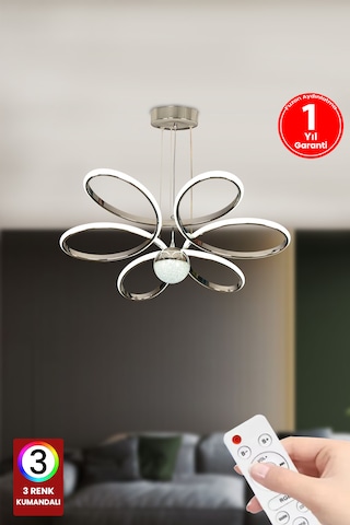 Fuzon Orkide Medium 3 Renk Toplu Kumandalı Led Avize Gümüş Salon Avize Gümüş