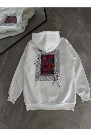 Etiler Collection Uzun Kol Kapşonlu Ön Ve Arka Baskılı Sweatshirt - Beyaz