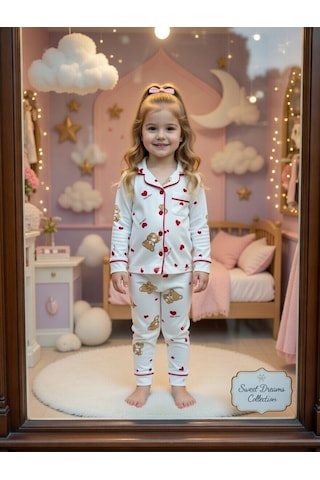 Pijama Takımı Ayııcık Kalp Desnli Kırmızı -beyaz - Kahverengi