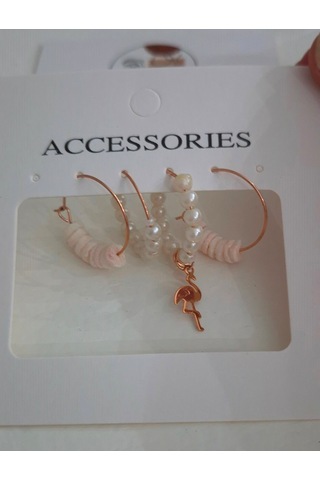 Rose Flamingo Gerçek Mercan Dörtlü Küpe Set Rose