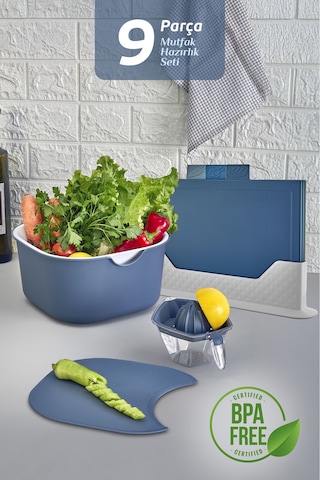 9'lu Mutfak Hazırlık Seti - Yatay Standlı Kulplu Kesme Tahtası Karıştırma Kabı Süzgeç Limon Sıkacağı Mavi