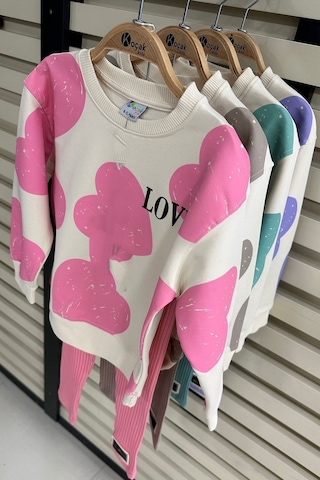 Kalp Baskılı Kız Çocuk Alt Üst Takım Gri - Pudra