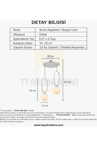 Tt016-2 Kr Tt Aydınlatma Krom Kaplama Beyaz Camlı 2 Li Avize