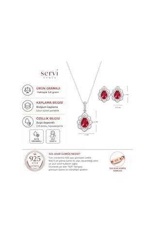 Servi 925 Ayar Gümüş Kırmızı Zirkon Taşlı Lotus Damla Kolye Ve Küpe Seti-473