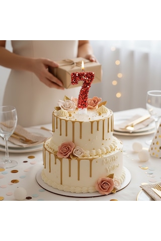 Turuncu Simli Pasta Mumu Doğum Günü Mum 7 Yaş