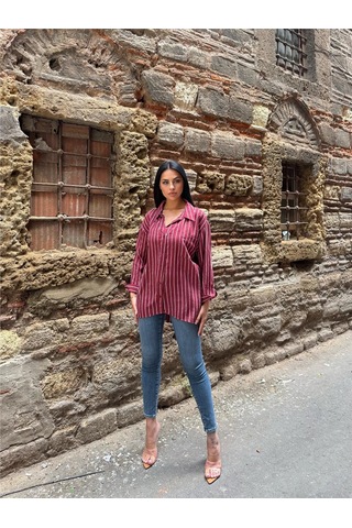 WeShaya Bordo Çizgili Oversize Düğmeli Gömlek Bordo