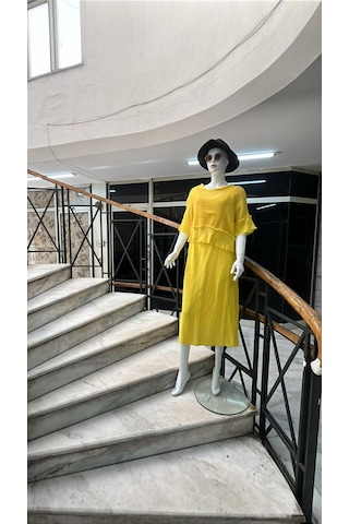 İtalyan Saçak Detaylı Müslin Keteni Yırtmaçlı Elbise - Bluz & 2'li Takım-9905 Sarı