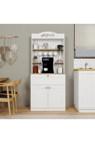 Lucas 2 Kapaklı Çekmeceli Kahve Köşesi Ve Çok Amaçlı Mutfak Dolabı - Açık Ceviz & Beyaz Açık Ceviz & Beyaz