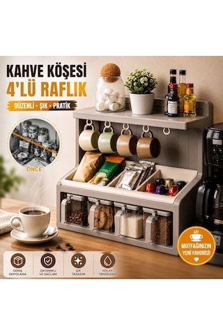 4 Lü Kahve Köşesi Düzenleyici Raf Kupa Askılı Çok Bölmeli Mutfak Tezgah Üstü Organizer, Kahve Kapsülü, Çay, Baharat Ve Kahverengi