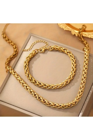 Gold Spiga Model Kalın Burgu Çelik Kolye Ve Bileklik Set 4mm Gold