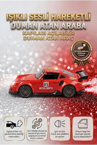 3 Buton Fonksiyonlu Işıklı Müzikli Sesli Sürtmeli Duman Atan Kapıları Açılan Porsche Oyuncak Araba Kırmızı