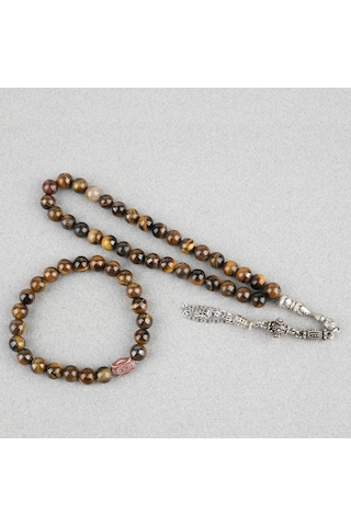 Kaplangözü Alpaka Püsküllü Küre Kesim 8.5mm Tesbih Ve Bileklik Seti Kahverengi