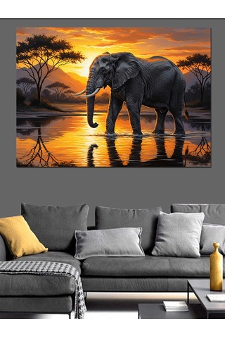 Gün Batımında Doğal Arazide Filsilüeti Dekoratif Kanvas - Mdf Ahşap Tablo