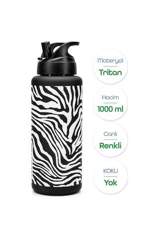 Büyük Su Matarası Tritan Pipetli Su Şişesi Zebra Spor Matarası Suluğu Bpasız 1000 Ml Siyah 0112 Beyaz