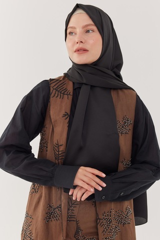 Mirsoy Scarf Kum Saten Şal - Siyah Siyah