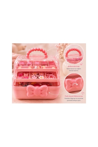 Çocuk Takı Ve Toka Organizeri Otomatik Açılır Katlı Düzenleyici Kutu 27x15x15 Cm Pembe Taşınabilir Çok Bölmeli Saklama Çantası Pembe