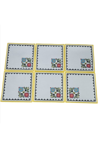 Upeka 6'lı Tela Peçete Bardak Fincan Altlığı Çicek İşlemeli Kokte