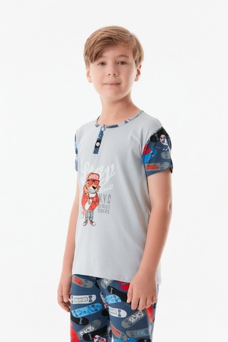 Fullamoda Baskılı Bisiklet Yaka Erkek Çocuk Pijama Takımı 24mıcg631212228-lacivert 24MICG631212228-Lacivert