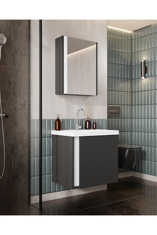 Karen Banyo Kemer 60 Cm,Lavabolu,Aynalı,Banyo Dolabı,Mat Antrasit,Lavabo Dahil Antrasit