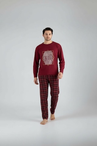 Lukitus Uzun Kol Sıfır Yaka Pamuklu Erkek Pijama Takımı Bordo Vlknekose Bordo